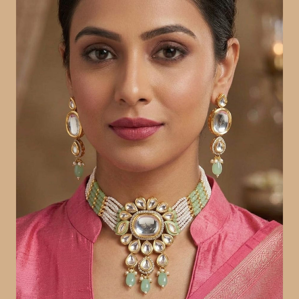 Knigght Angel Traditional Kundan Stone Pearl And Beads Choker Necklace Set