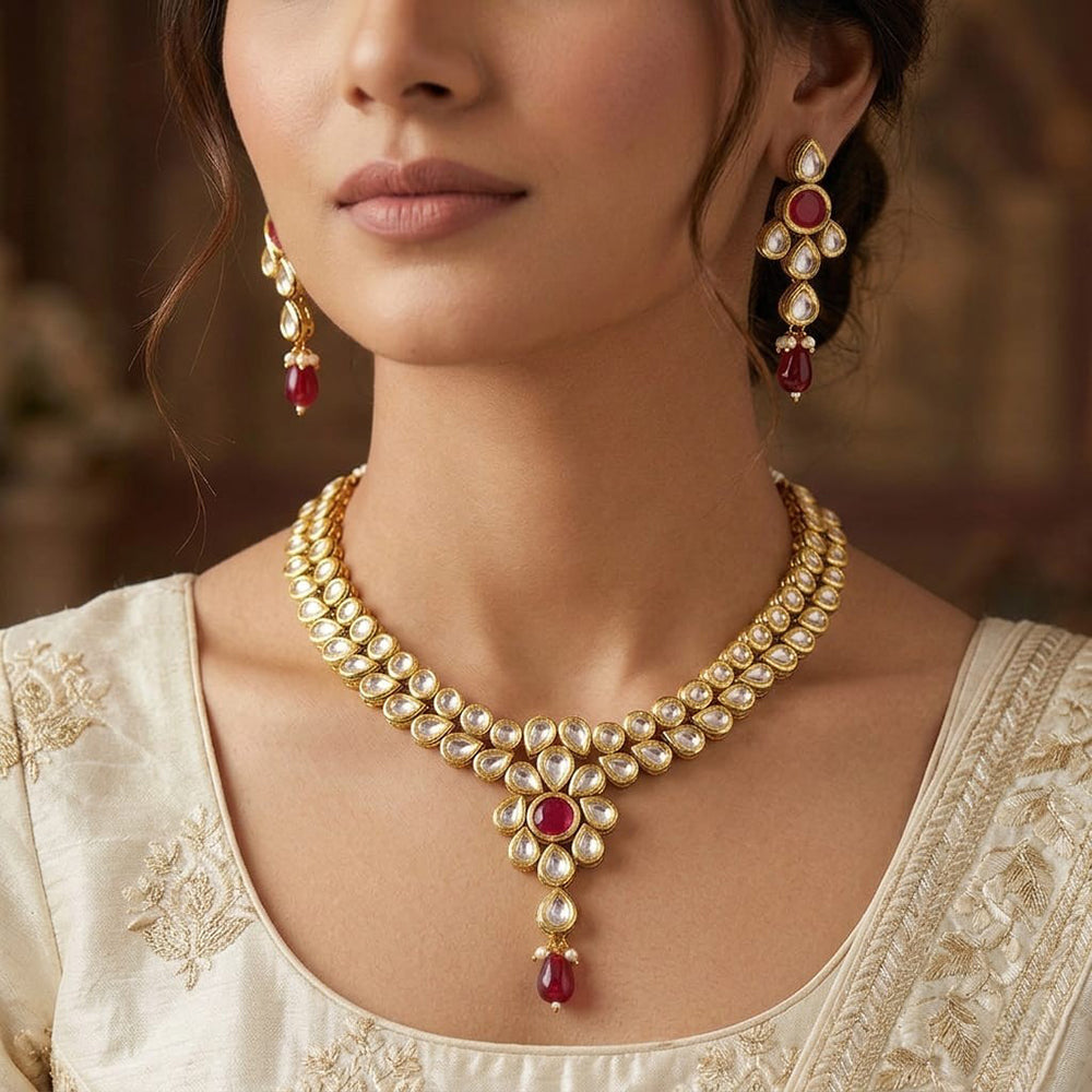 Knigght Angel Traditional Kundan Stone Pearl And Beads Necklace Set