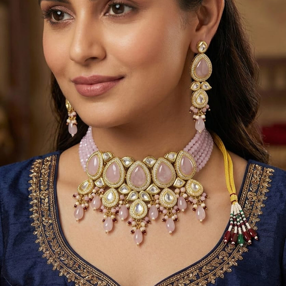 Knigght Angel Traditional Kundan Stone Pearl And Beads Choker Necklace Set