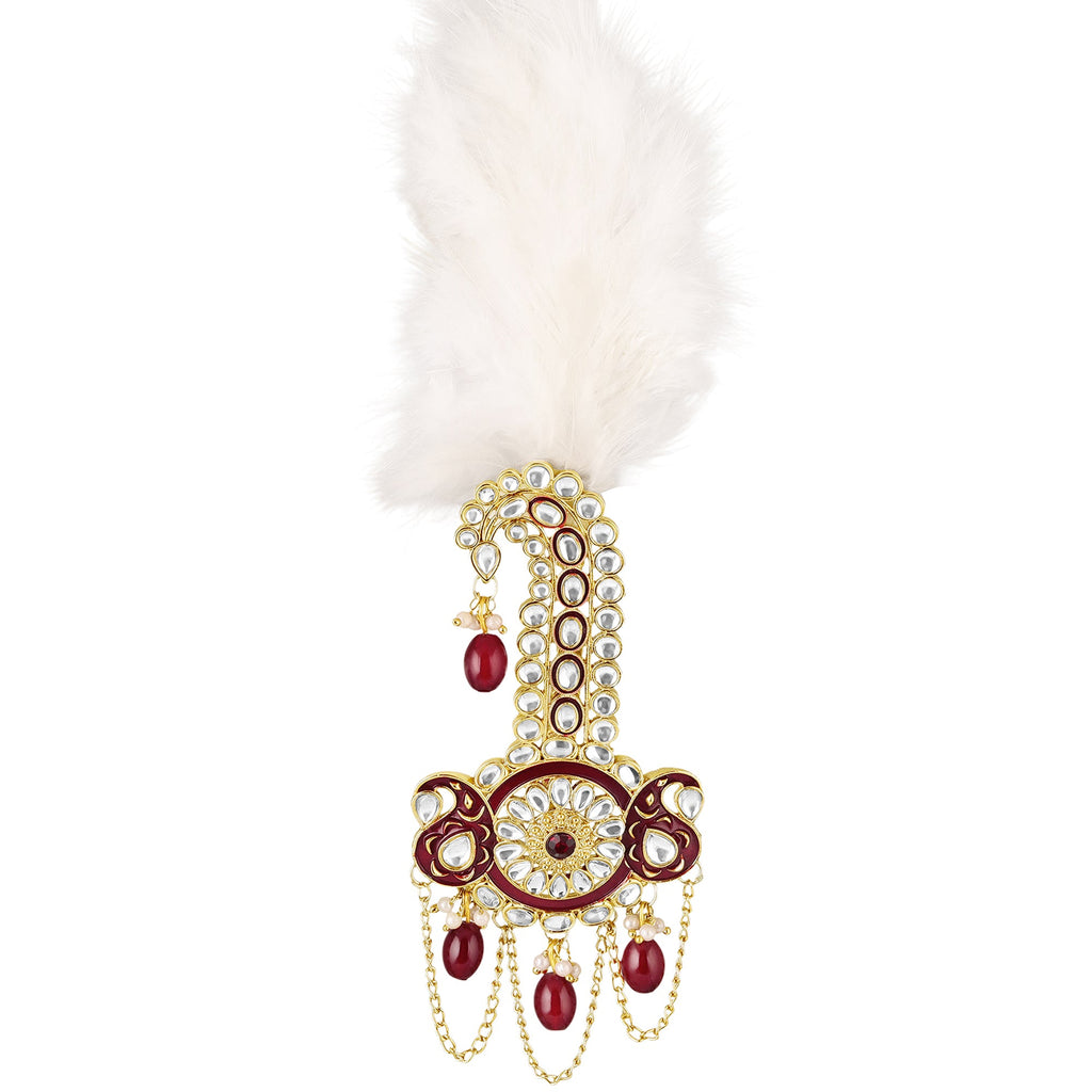 Mahi Royal Safa Kalangi for Groom with Feather and Red Beads | Traditional Dulha Sarpech Brooch | Wedding Sherwani Turban Pin for Men (KL1001021G)