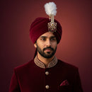 Mahi Royal Safa Kalangi for Groom with Feather and Red Beads | Traditional Dulha Sarpech Brooch | Wedding Sherwani Turban Pin for Men (KL1001021G)