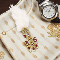 Mahi Royal Safa Kalangi for Groom with Feather and Red Beads | Traditional Dulha Sarpech Brooch | Wedding Sherwani Turban Pin for Men (KL1001021G)