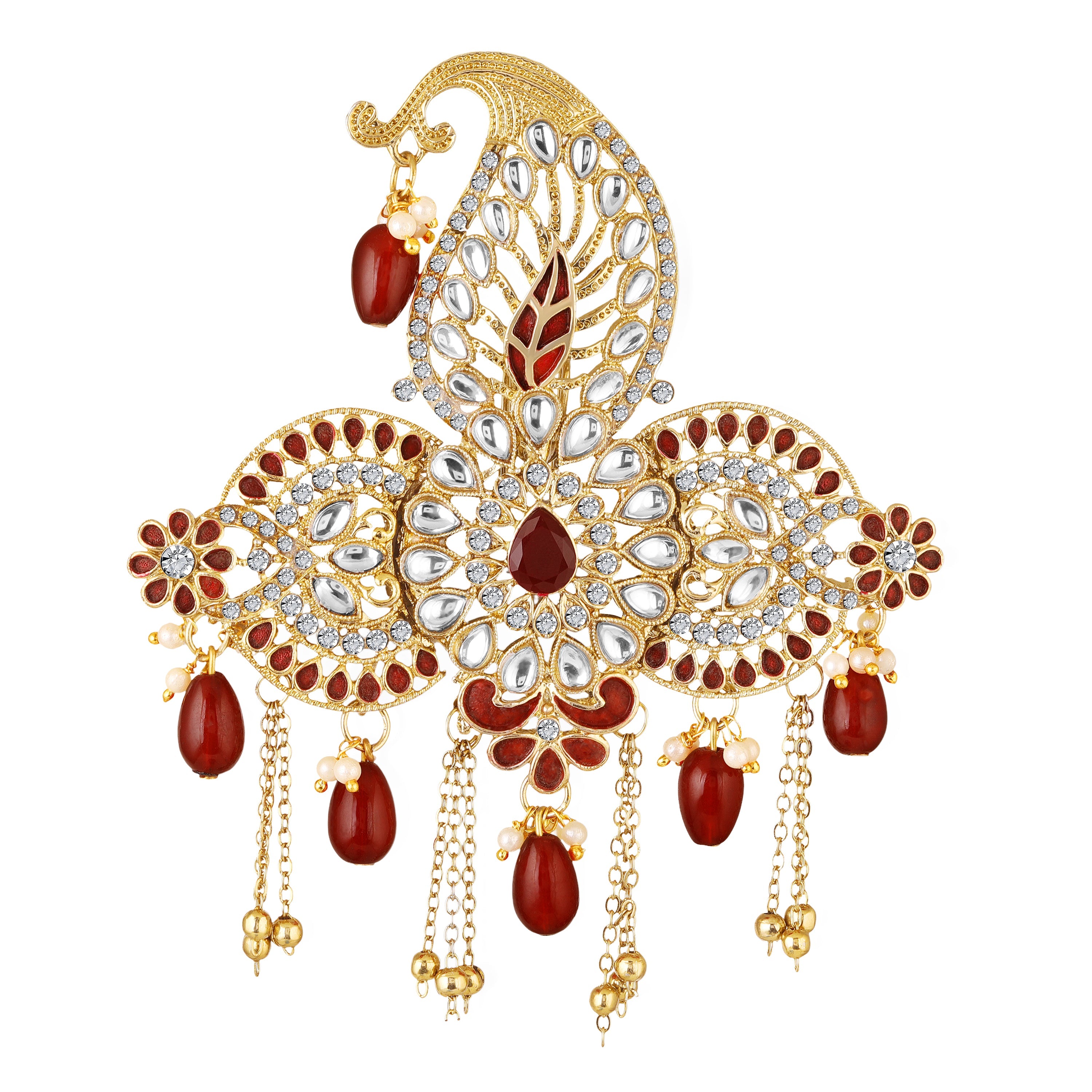 Mahi Royal Red Crystals Safa Kalangi for Groom | Traditional Wedding Pagdi Brooch with Gold Plating and Beads (KL1001023G)