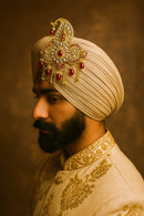 Mahi Royal Red Crystals Safa Kalangi for Groom | Traditional Wedding Pagdi Brooch with Gold Plating and Beads (KL1001023G)