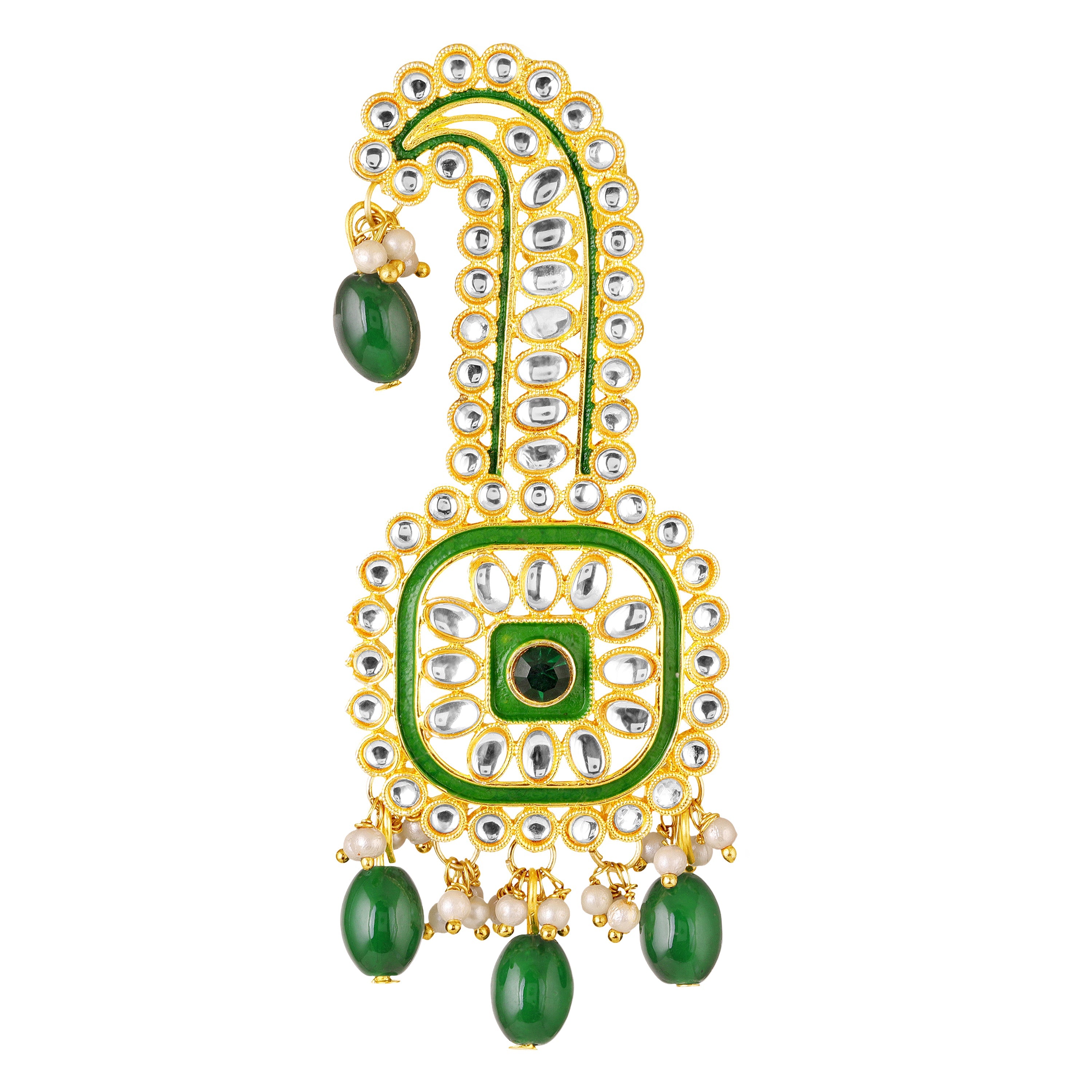 Mahi Royal Green Crystals Safa Kalangi for Groom | Traditional Wedding Sherwani Turban Brooch with Pearls & Beads (KL1001024G)