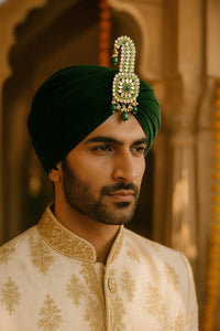 Mahi Royal Green Crystals Safa Kalangi for Groom | Traditional Wedding Sherwani Turban Brooch with Pearls & Beads (KL1001024G)