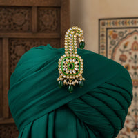 Mahi Royal Green Crystals Safa Kalangi for Groom | Traditional Wedding Sherwani Turban Brooch with Pearls & Beads (KL1001024G)