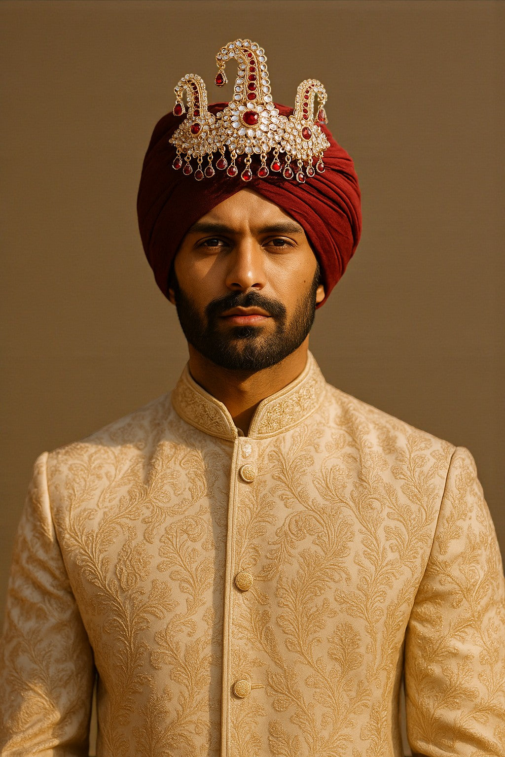 Mahi Royal Red crystals Pearl Safa Kalangi for Groom | Gold Plated Wedding Turban Brooch with Red Stones and Beads (KL1001025G)