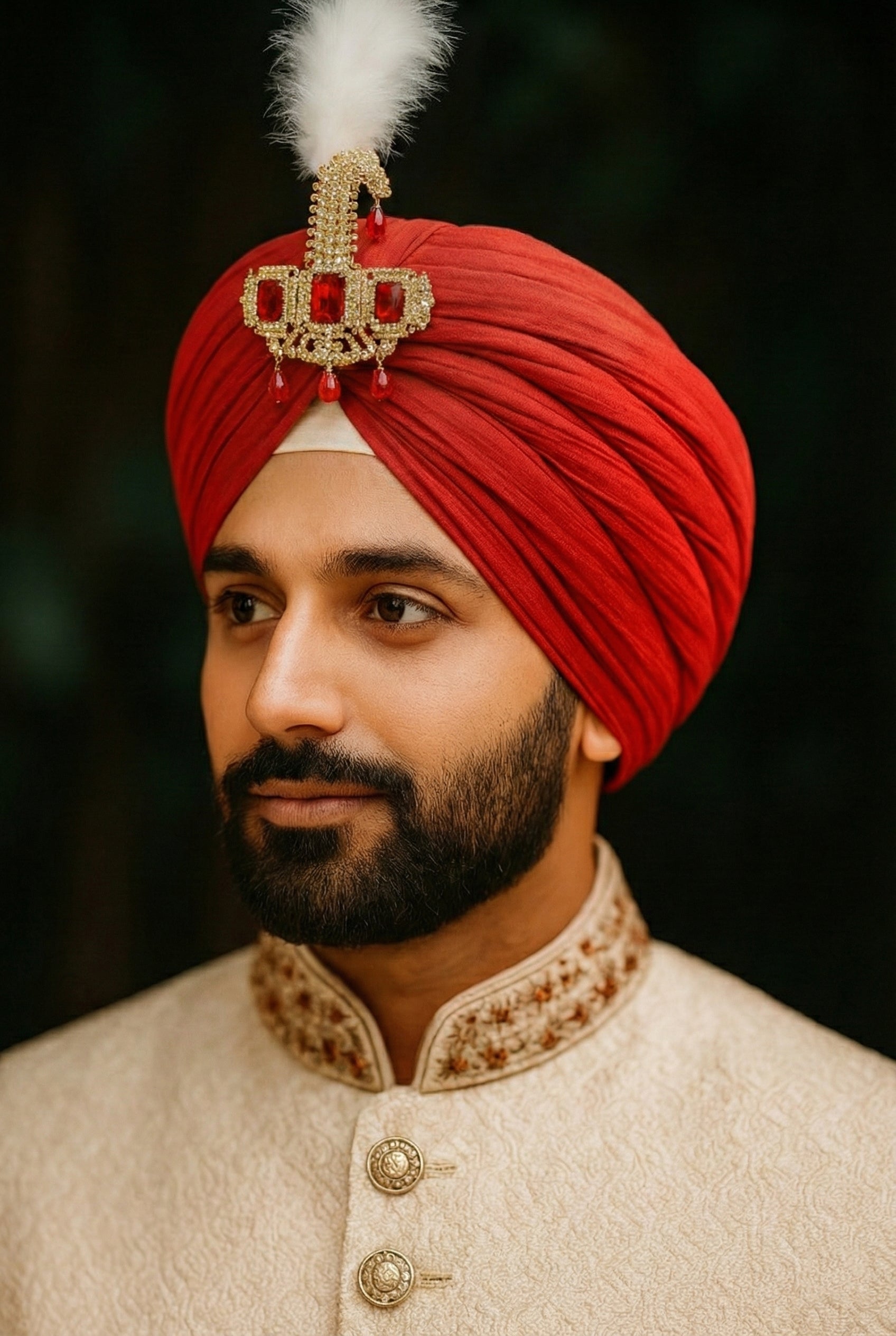 Mahi Premium Groom Kalangi for Wedding | Gold-Plated with Red White Crystals & Feather | Men’s Safa Pagdi Brooch | Rajputi Maharaja Style Turban Pin (KL1001026GRed)
