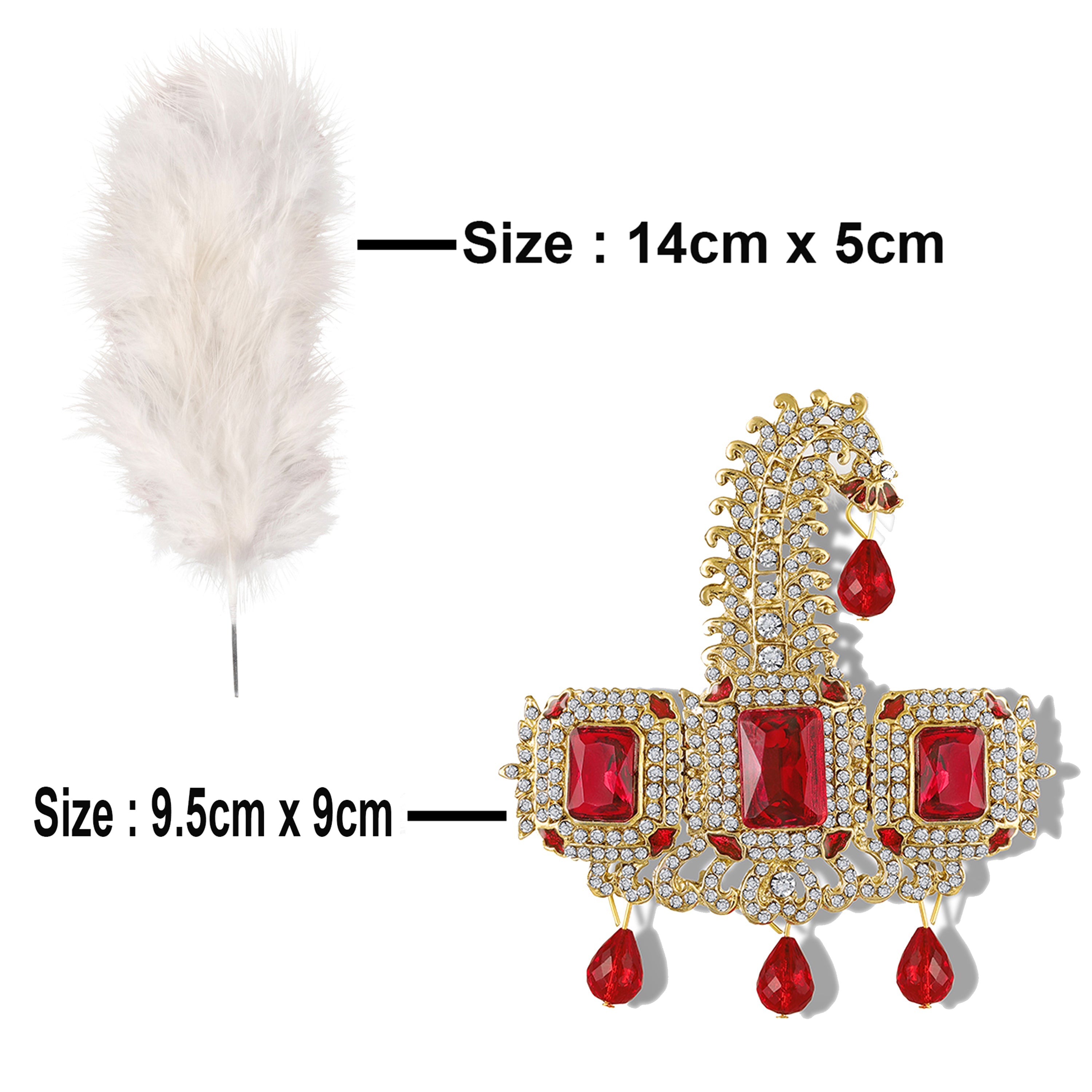 Mahi Premium Groom Kalangi for Wedding | Gold-Plated with Red White Crystals & Feather | Men’s Safa Pagdi Brooch | Rajputi Maharaja Style Turban Pin (KL1001026GRed)