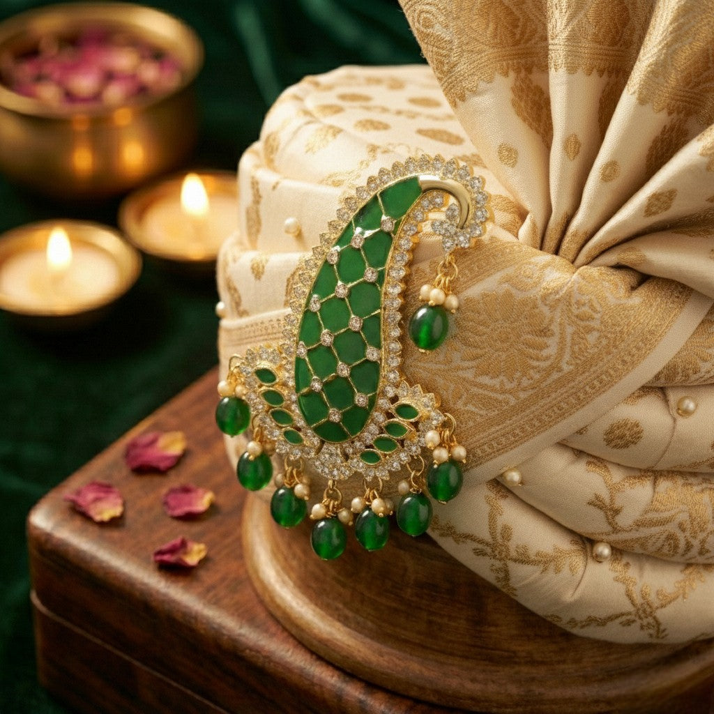 Mahi Royal Green Meenakari Enamelled Kalangi with White Crystals (Pagdi/Safa Brooch) for Groom (KL1001028GGre)