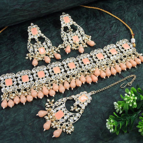 Lalso Lifestyle Designer Kundan Pearl Choker Jewellery Necklace Set With Maangtika