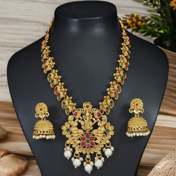 Lalso Beautiful Premium Gold Plated Multicolor Ganpati Temple Necklace Jewelry set