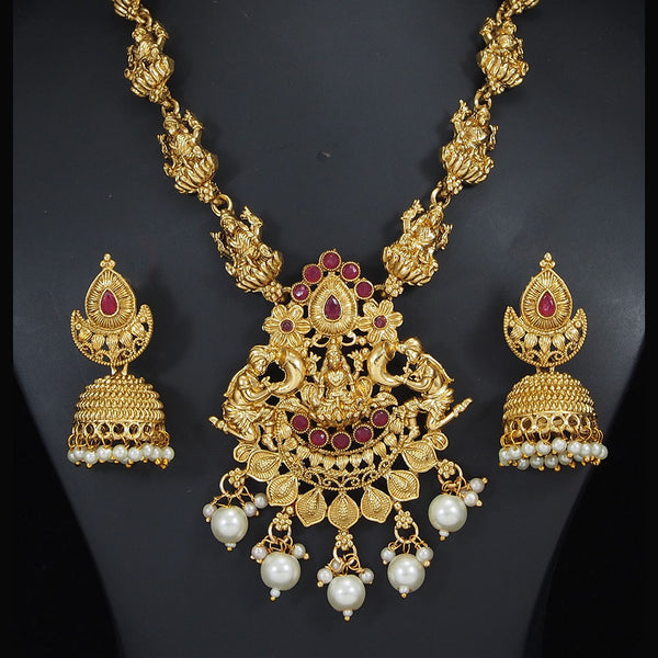 Lalso Beautiful Premium Gold Plated Maroon Ruby Laxmi Temple Necklace Jewelry set