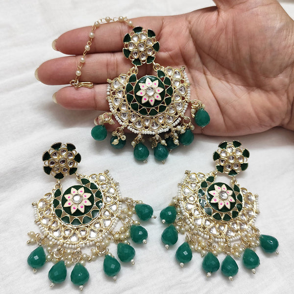 Lalso Bollywood Style Green Big Size Kundan Meenakari Maangtikka Earrings Jewelry combo set