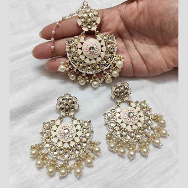 Lalso Bollywood Style White Big Size Kundan Meenakari Maangtikka Earrings Jewelry combo set