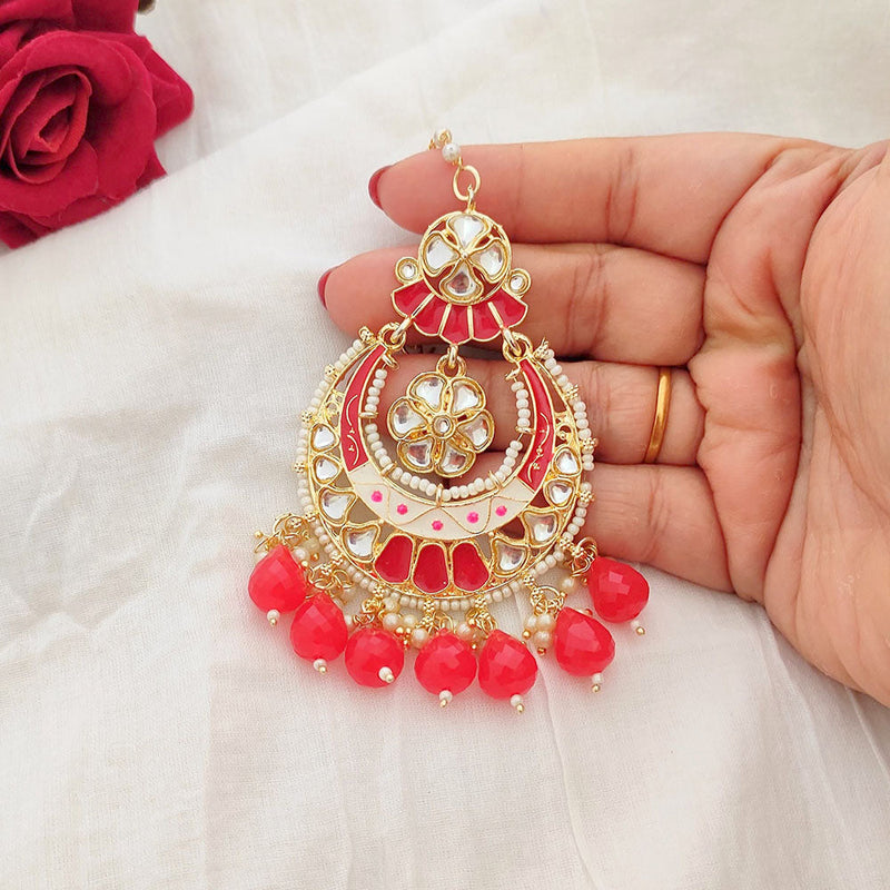 Lalso Beautiful Red Big Size Meenakari Kundan Maangtikka Hair Accessories wedding Jewelry