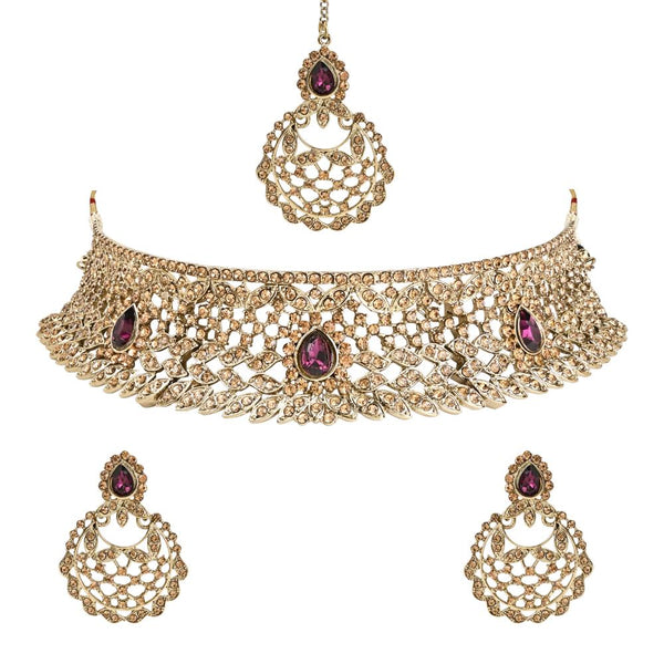Etnico Gold Plated Traditional Design Stone Work Choker Necklace Jewellery Set With Chandbali Earring & Maang Tikka For Women/Girls (M4170FLWi)