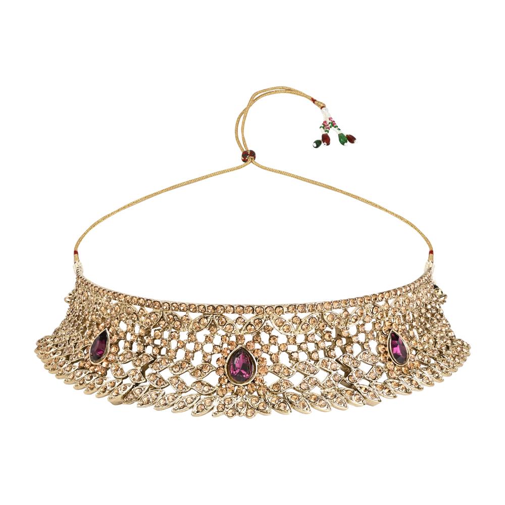 Etnico Gold Plated Traditional Design Stone Work Choker Necklace Jewellery Set With Chandbali Earring & Maang Tikka For Women/Girls (M4170FLWi)