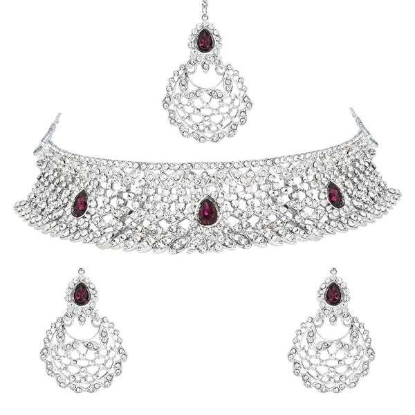 Etnico Silver Plated Traditional Design Stone Work Choker Necklace Jewellery Set With Chandbali Earring & Maang Tikka For Women/Girls (M4170ZWi)