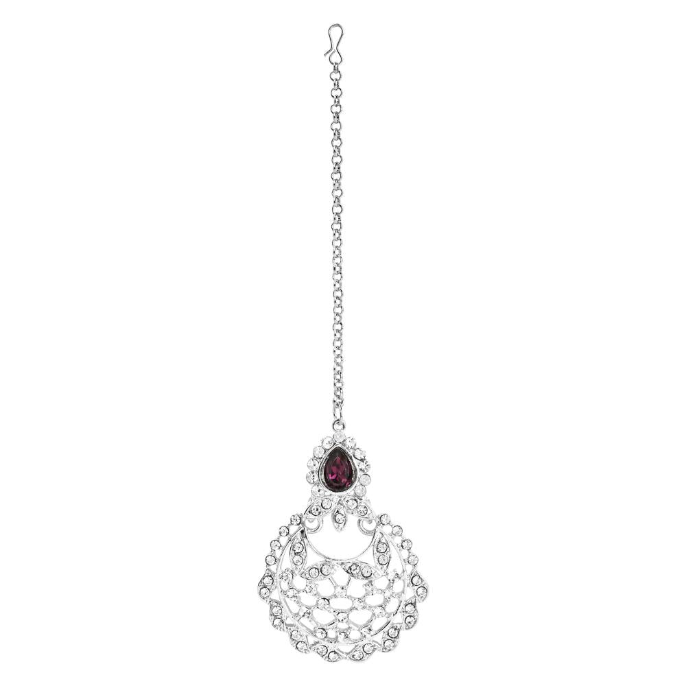 Etnico Silver Plated Traditional Design Stone Work Choker Necklace Jewellery Set With Chandbali Earring & Maang Tikka For Women/Girls (M4170ZWi)