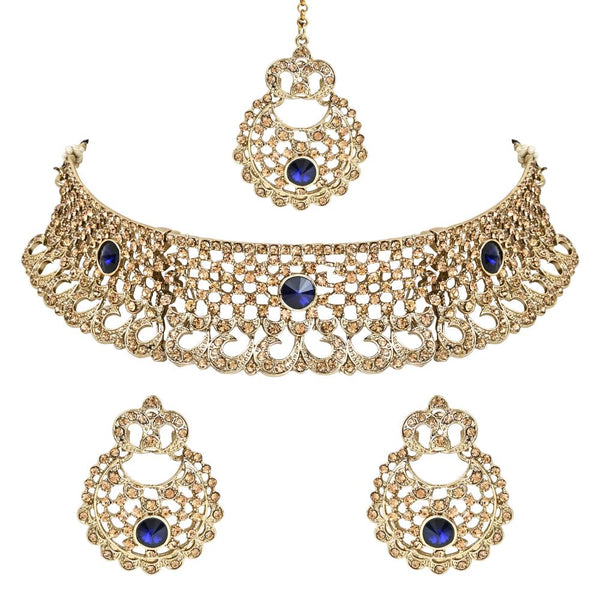 Etnico Gold Plated Traditional Design Stone Work Choker Necklace Jewellery Set With Chandbali Earring & Maang Tikka For Women/Girls (M4171FLBl