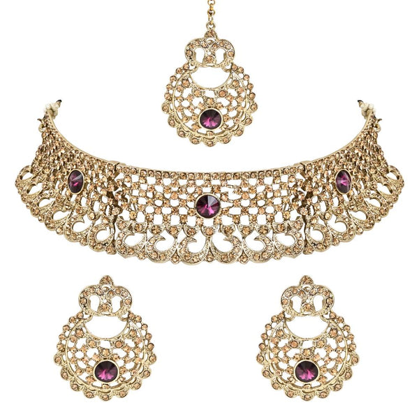 Etnico Gold Plated Traditional Design Stone Work Choker Necklace Jewellery Set With Chandbali Earring & Maang Tikka For Women/Girls (M4171FLWi)