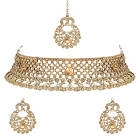 Etnico Gold Plated Traditional Design Stone Work Choker Necklace Jewellery Set With Chandbali Earring & Maang Tikka For Women/Girls (M4171FL)