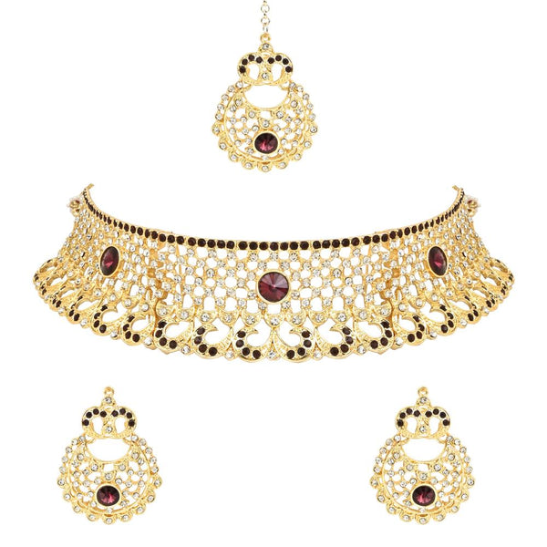 Etnico Gold Plated Traditional Design Stone Work Choker Necklace Jewellery Set With Chandbali Earring & Maang Tikka For Women/Girls (M4171WWi)