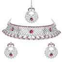 Etnico Silver Plated Traditional Design Stone Work Choker Necklace Jewellery Set With Chandbali Earring & Maang Tikka For Women/Girls (M4171ZWi)