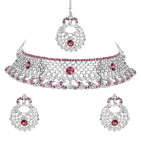 Etnico Silver Plated Traditional Design Stone Work Choker Necklace Jewellery Set With Chandbali Earring & Maang Tikka For Women/Girls (M4171ZWi)