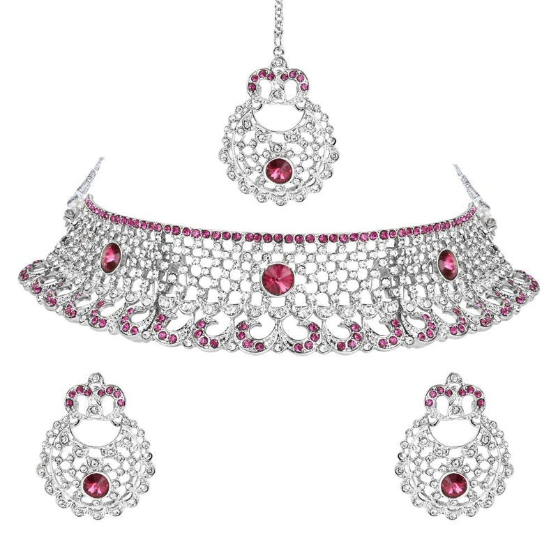 Etnico Silver Plated Traditional Design Stone Work Choker Necklace Jewellery Set With Chandbali Earring & Maang Tikka For Women/Girls (M4171ZWi)