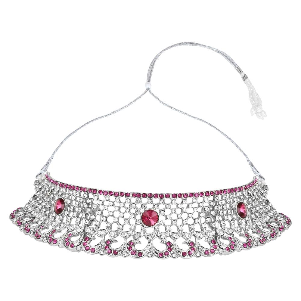 Etnico Silver Plated Traditional Design Stone Work Choker Necklace Jewellery Set With Chandbali Earring & Maang Tikka For Women/Girls (M4171ZWi)