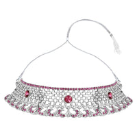 Etnico Silver Plated Traditional Design Stone Work Choker Necklace Jewellery Set With Chandbali Earring & Maang Tikka For Women/Girls (M4171ZWi)
