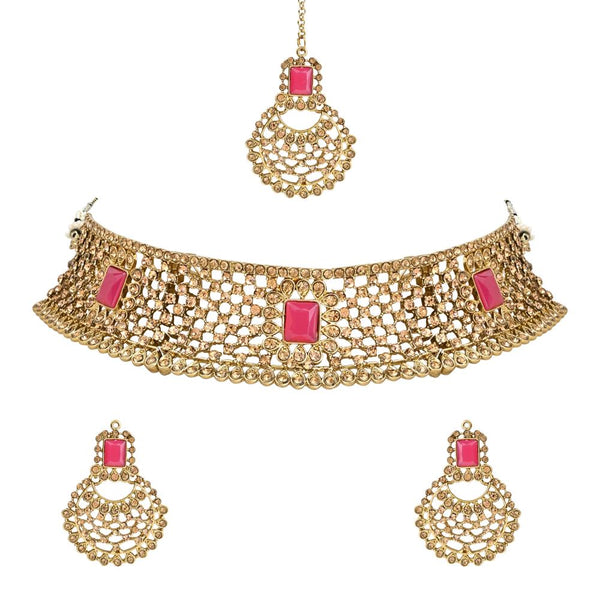 Etnico Gold Plated Traditional Design Stone Work Choker Necklace Jewellery Set With Chandbali Earring & Maang Tikka For Women/Girls (M4172FLQ)