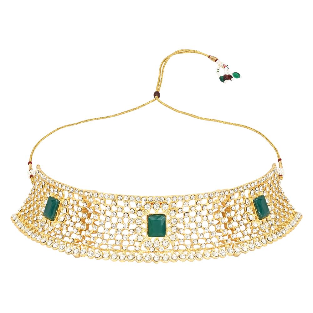 Etnico Gold Plated Traditional Design Stone Work Choker Necklace Jewellery Set With Chandbali Earring & Maang Tikka For Women/Girls (M4172WG)