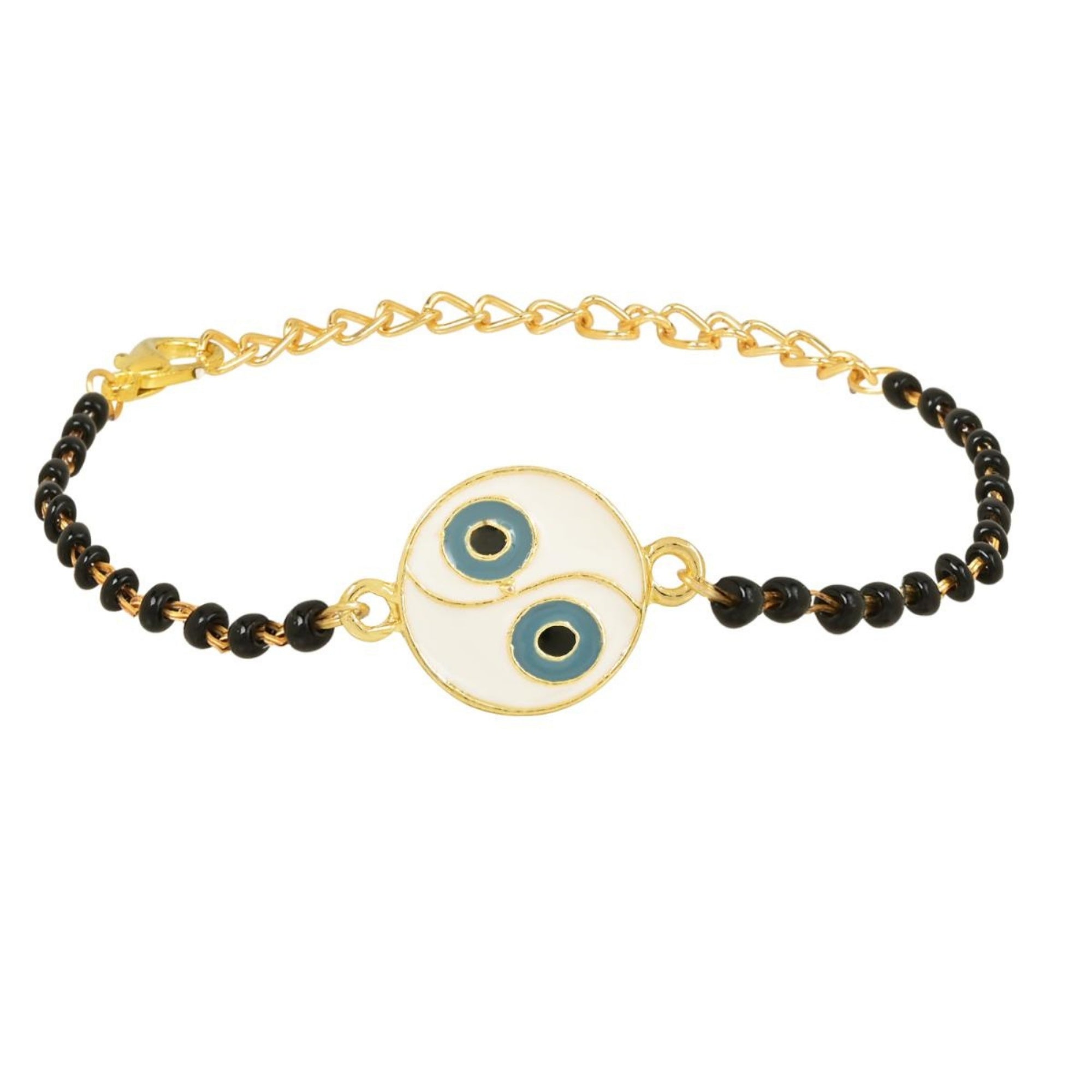 Etnico Gold Plated Traditional Adjustable Black Beads Mangalsutra Bracelet with White Pendant for Women (MB001B)