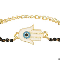 Etnico Gold Plated Traditional Adjustable Black Beads Mangalsutra Bracelet with White Pendant for Women (MB003B)