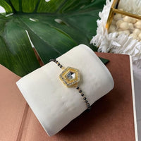 Etnico Gold Plated Traditional Adjustable Black Beads Mangalsutra Bracelet with White Pendant for Women (MB007W)