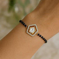 Etnico Gold Plated Traditional Adjustable Black Beads Mangalsutra Bracelet with White Pendant for Women (MB007W)
