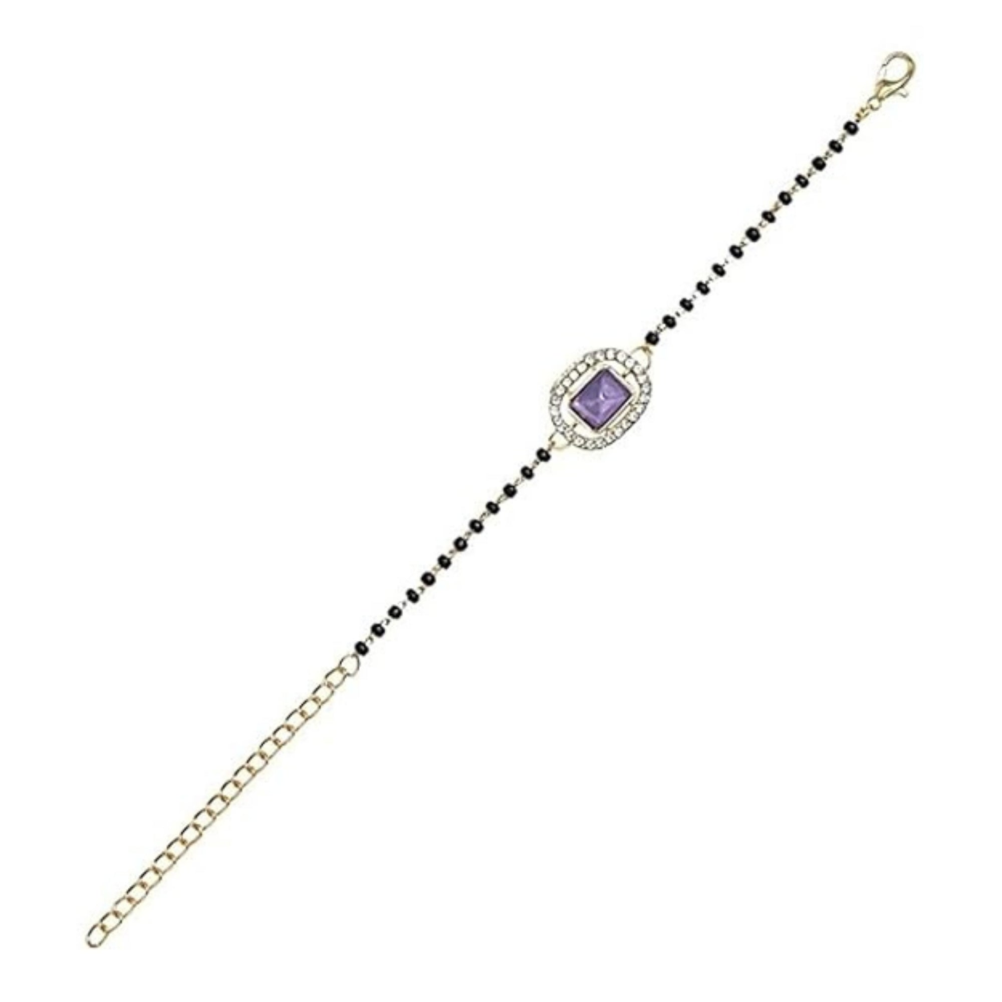 Etnico Gold Plated Traditional Adjustable Black Beads Mangalsutra Bracelet with White Pendant for Women (MB013Pu)