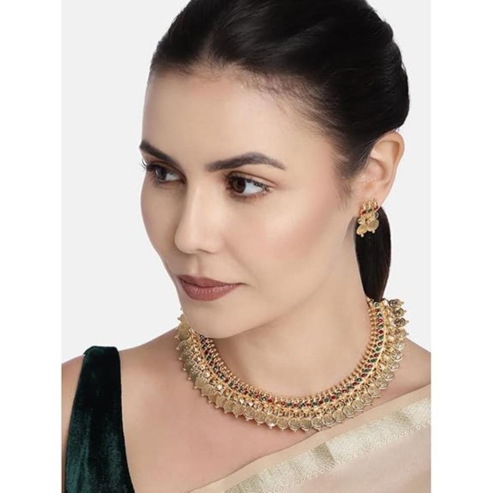 Etnico Gold Plated Traditional Golden Necklace & Earrings Set For Women (MC062FL)