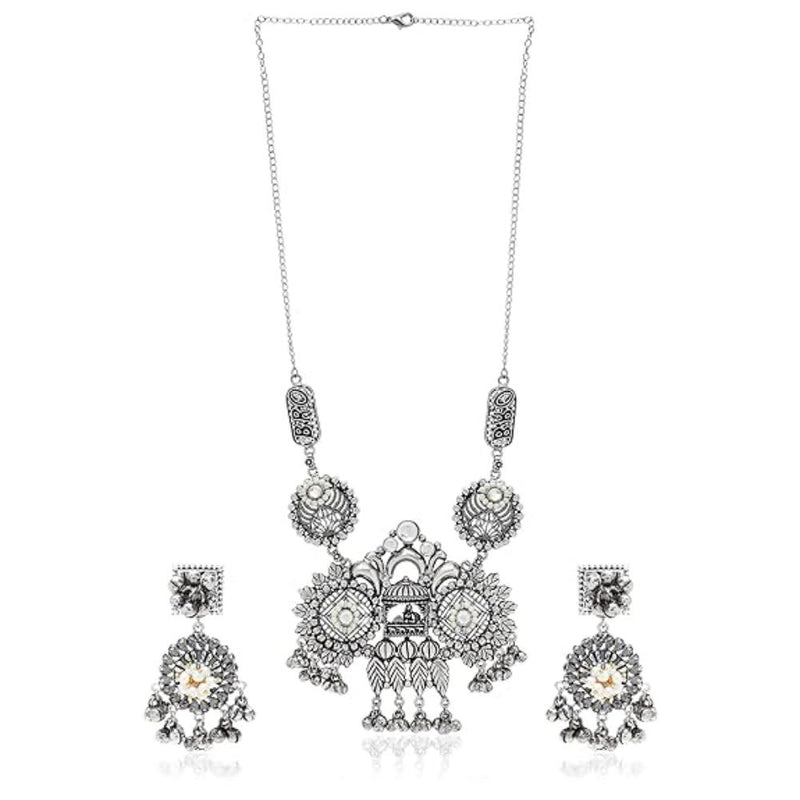 Etnico Navratri Ethnic German Silver Oxidised Jewellery Antique Long Necklace Set with Earrings for Women & Girls(MC096OX)