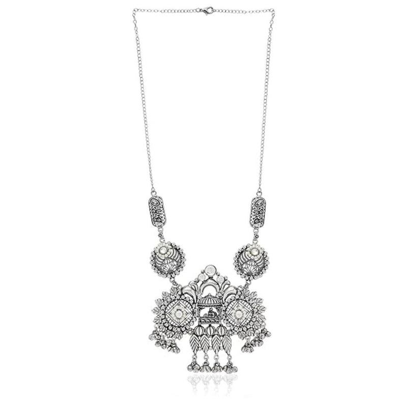 Etnico Navratri Ethnic German Silver Oxidised Jewellery Antique Long Necklace Set with Earrings for Women & Girls(MC096OX)