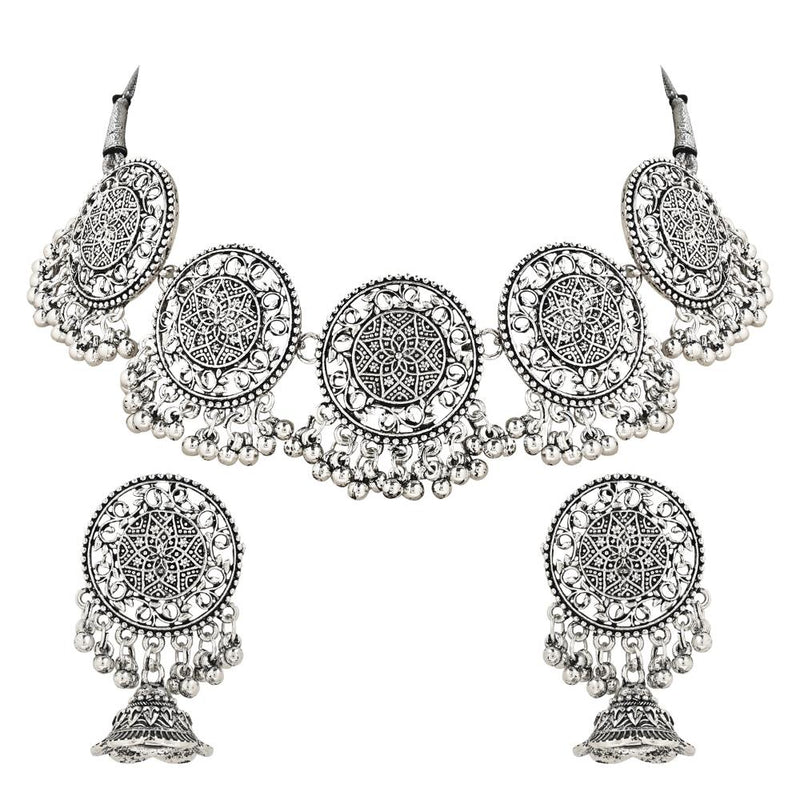 Etnico Ethnic Silver Oxidized Traditional Afghani Choker Necklace Jewellery Set for Women (MC136OX)