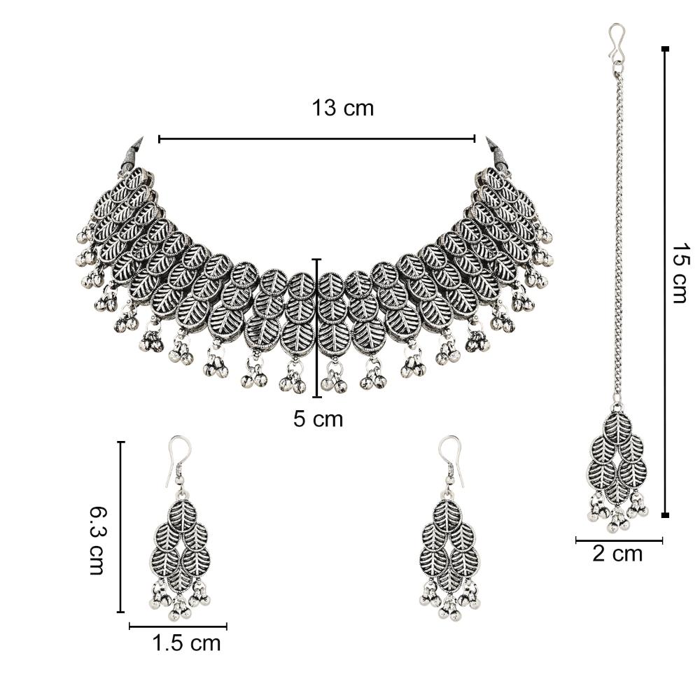 Etnico Ethnic Silver Oxidised Traditional Afghani Choker Necklace With Earrings And Maang Tikka Jewellery Set for Women And Girls (MC137OX)