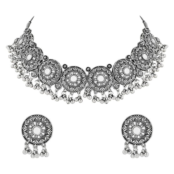 Etnico Ethnic Silver Oxidized Traditional Afghani Choker Necklace Jewellery Set for Women (MC140OX)