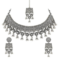 Etnico Ethnic Silver Oxidized Traditional Afghani Choker Necklace Jewellery Set for Women (MC143OX)