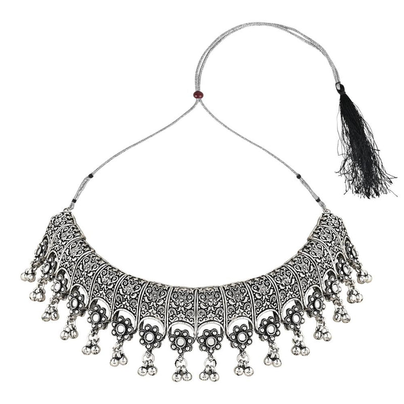 Etnico Ethnic Silver Oxidized Traditional Afghani Choker Necklace Jewellery Set for Women (MC143OX)