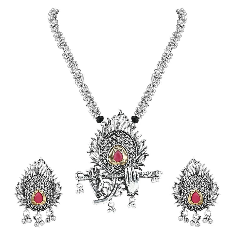 Etnico Ethnic Stylish Silver Oxidised Krishna Murli and Feather Long Necklace With Earring Jewellery Set for Women And Girls (MC152OX)